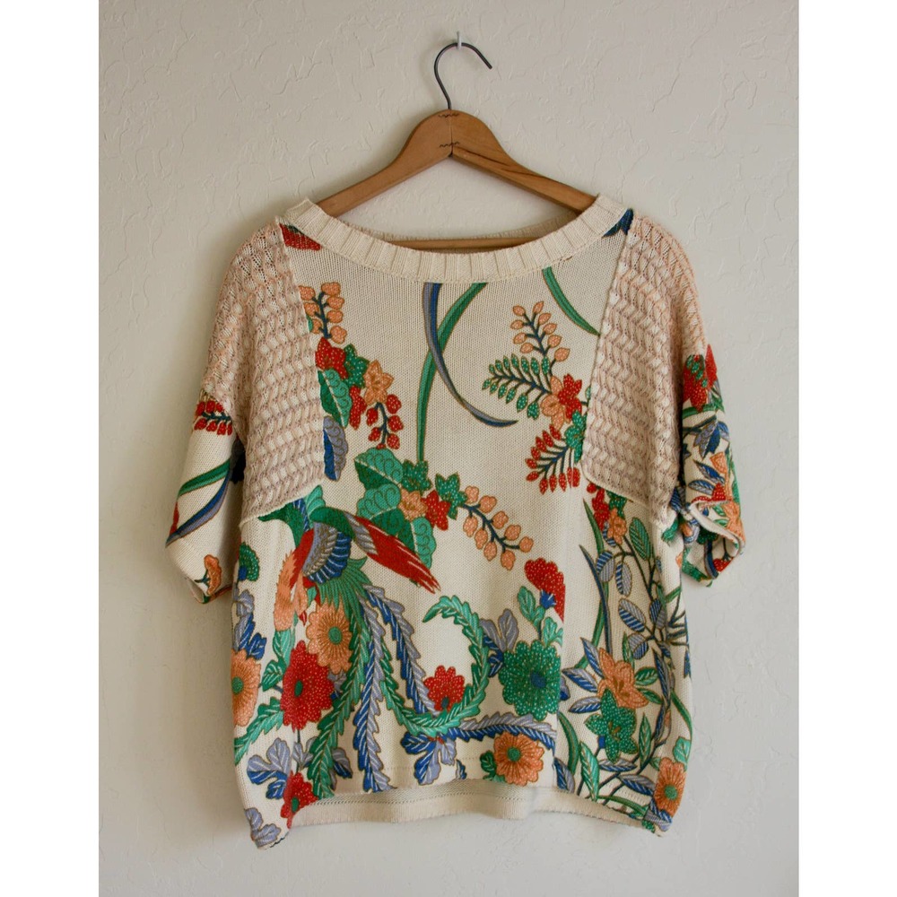 Anthropologie Boxy Knit Short Sleeve Floral Print Top Sweater Size S 100% Cotton
